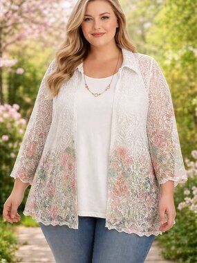 NWT Alfred Dunner 3X Lace Floral Kimono Cardigan Boho Chic Spring Layer